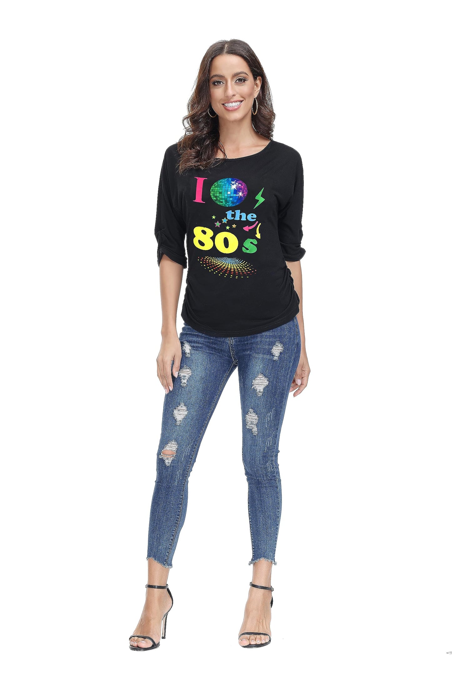 80s T Shirt Fancy Dress Costume for Women Off Shoulder Tops Sexy (image 5)