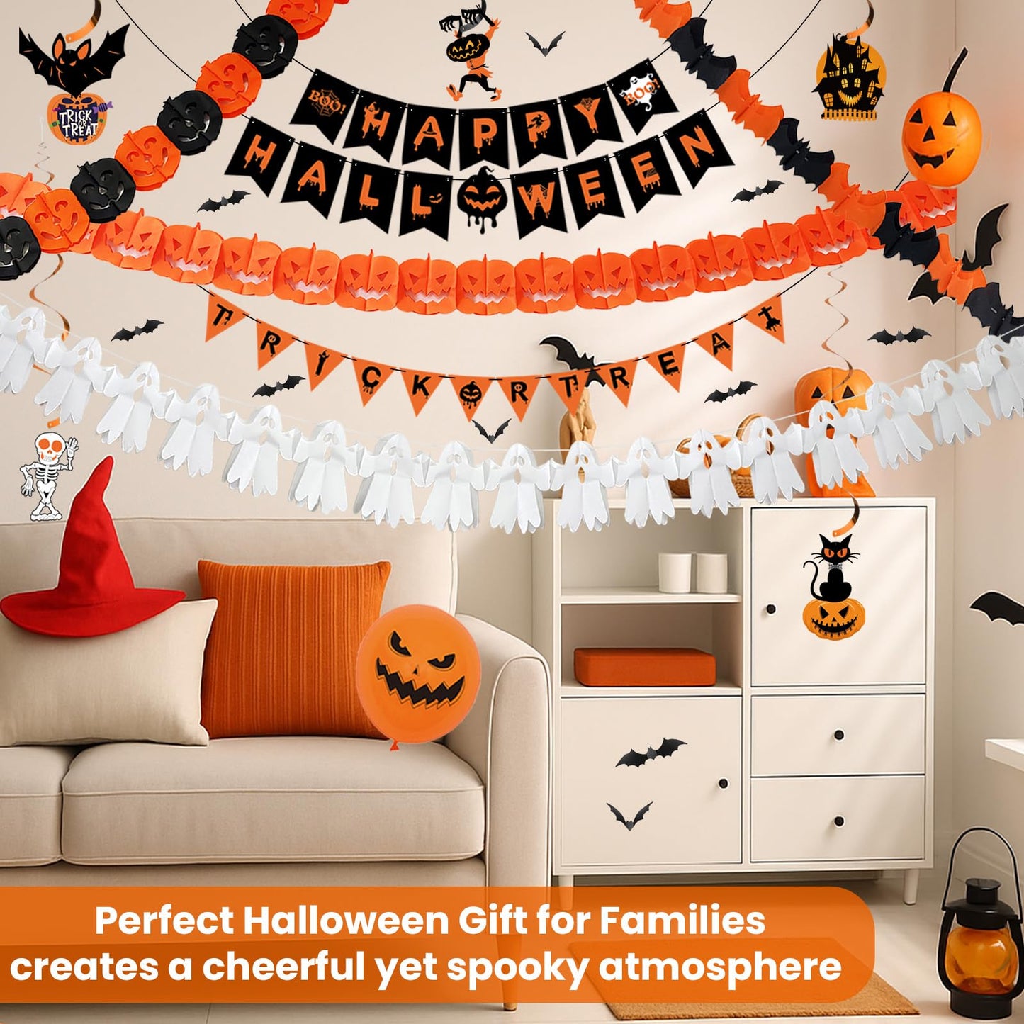 Xyxu Halloween Decorations Indoor Set - Reusable Happy Halloween Decor & Trick or Treat Banners, Ghosts Pumpkin Bat Bunting Garland, Spooky Witch, Skeleton, Spider Hanging Swirl for Party Decorations