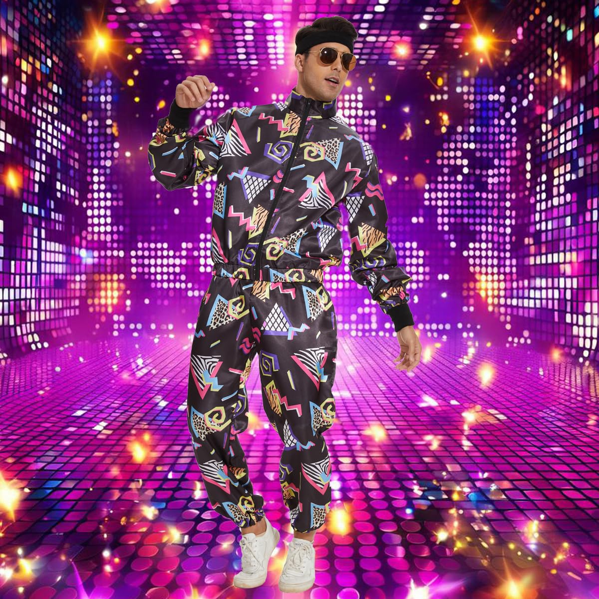 CEKUIA 80s 90s Fancy Dress Shell Suit Disco Dress Costume for Men Women Tracksuit with Headband Glasses Wristbands