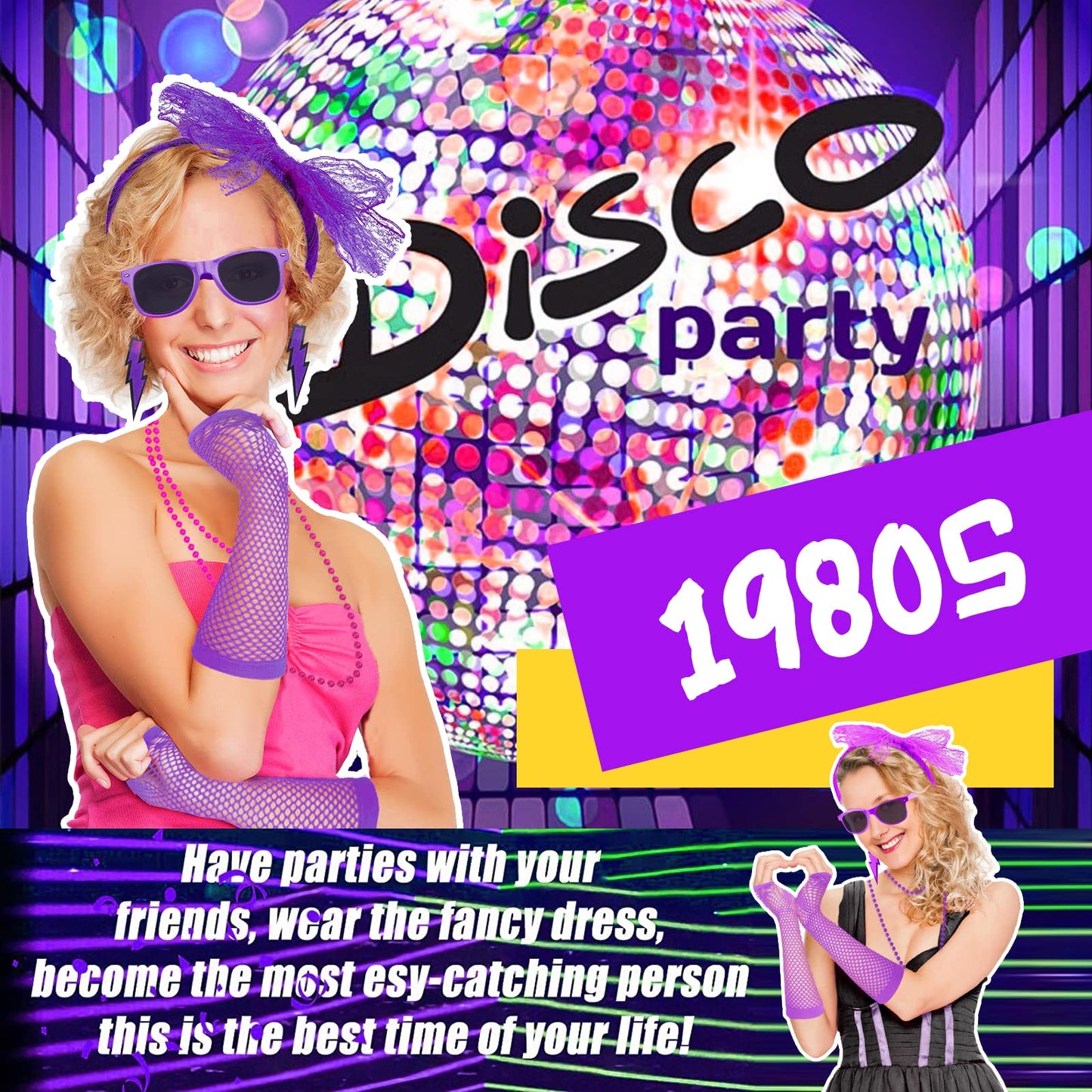 Pipihome 80s Costume Accessories Set for Women, 80s Fancy Dress Neon Headband Earrings Fishnet Gloves Bracelets Necklace Headband Accessories for 80s Retro Party