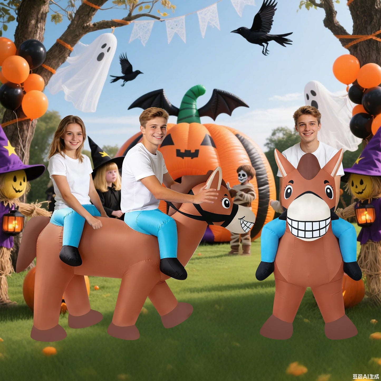 AkieBy Inflatable Double Rider Horse Costume for Adults, Funny 2-Person Ride-On Tandem Horse Blow Up Suit for Halloween,Cosplay,Party,Christmas,Birthday