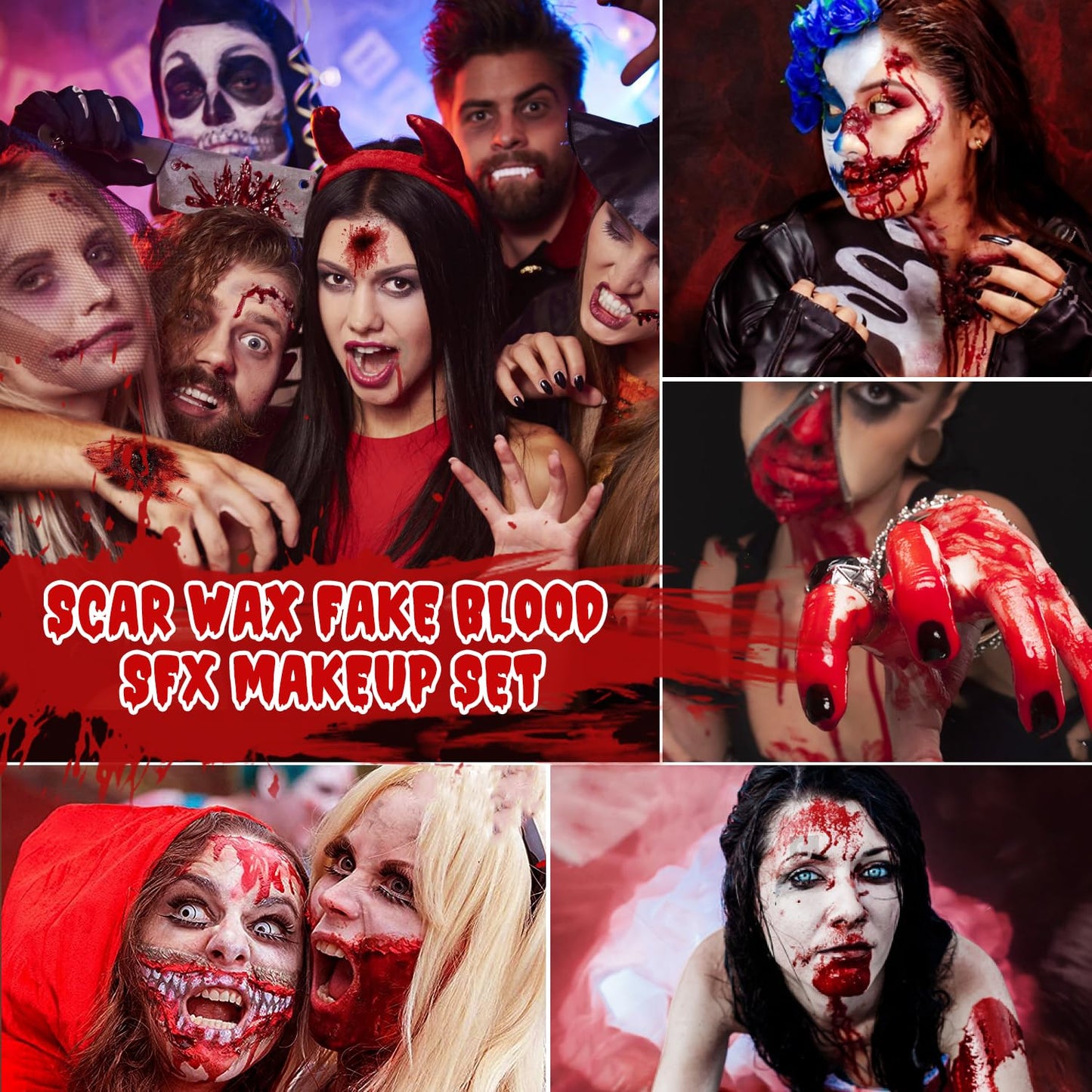 Halloween Makeup Kit, Scar Wax SFX Makeup Kit Fake Blood Set, Kit Includes Scar Wax, 6 Colors Bruise Face Body Paint Crayon, Fake Blood Spray+Dripping+Coagulated Gel, Spatula Sponges Tool (Set A)