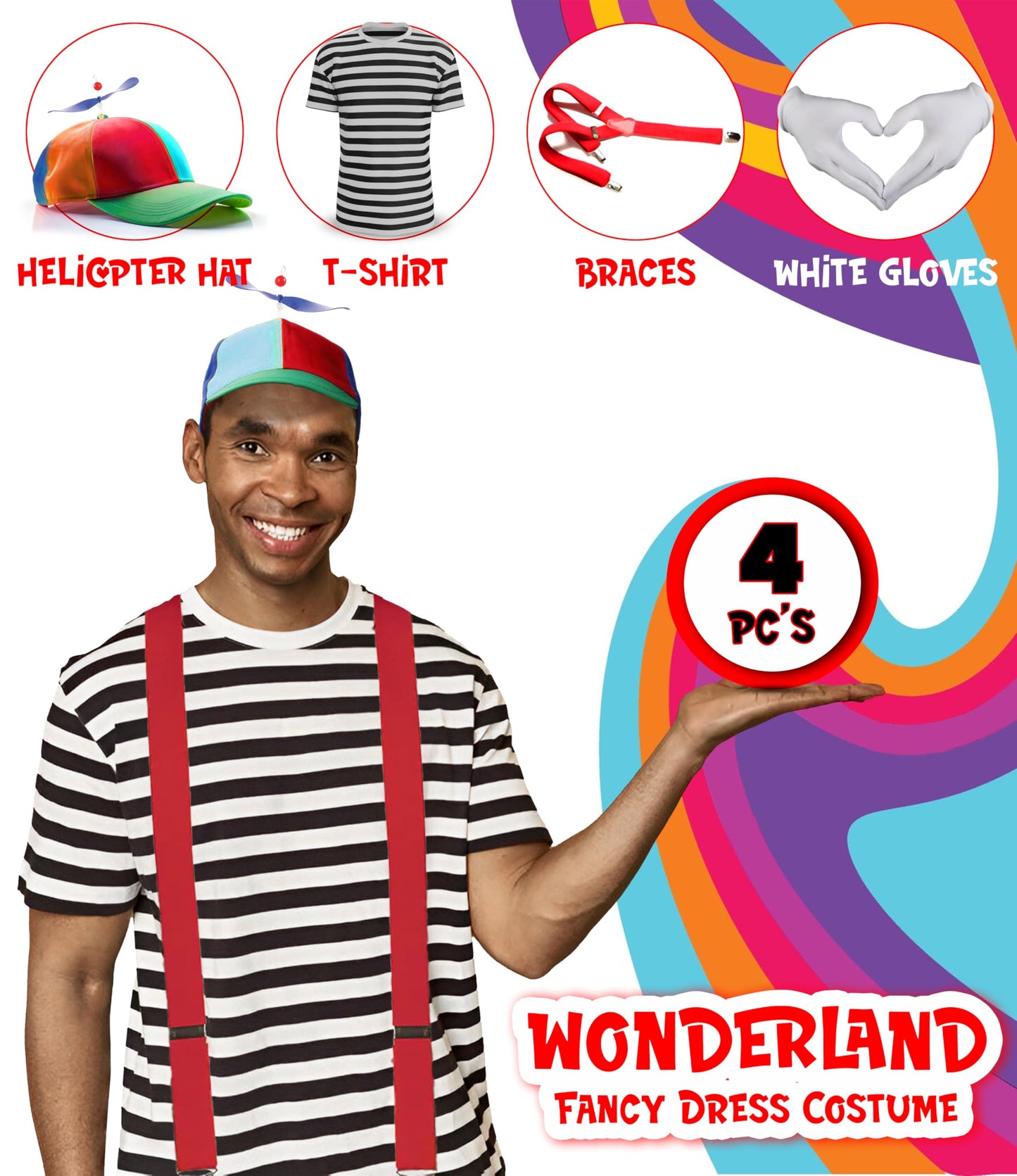 Mega_Jumble Alice in Wonderland Twins Fairy Tale Tweedle Dee or Dum Fancy Dress Costume Set - Black & White Stripe T-Shirt, Helicopter Hat, Braces and Gloves (M)