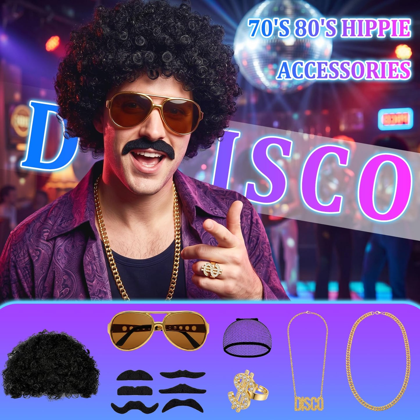Disco Hippie Costume Set for Men Women - Funky Afro Wig - Hippie (image 7)