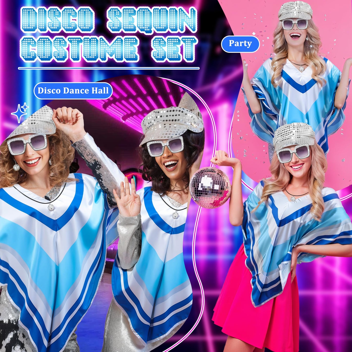 Bryndo 5 Pcs 70s Fancy Dress Set for Women, Disco Costume Accessories with Pop Poncho Sequin Beret Hat Square Bling Sunglasses Earrings Necklace for 70s Theme Party Dress Up (Sliver)