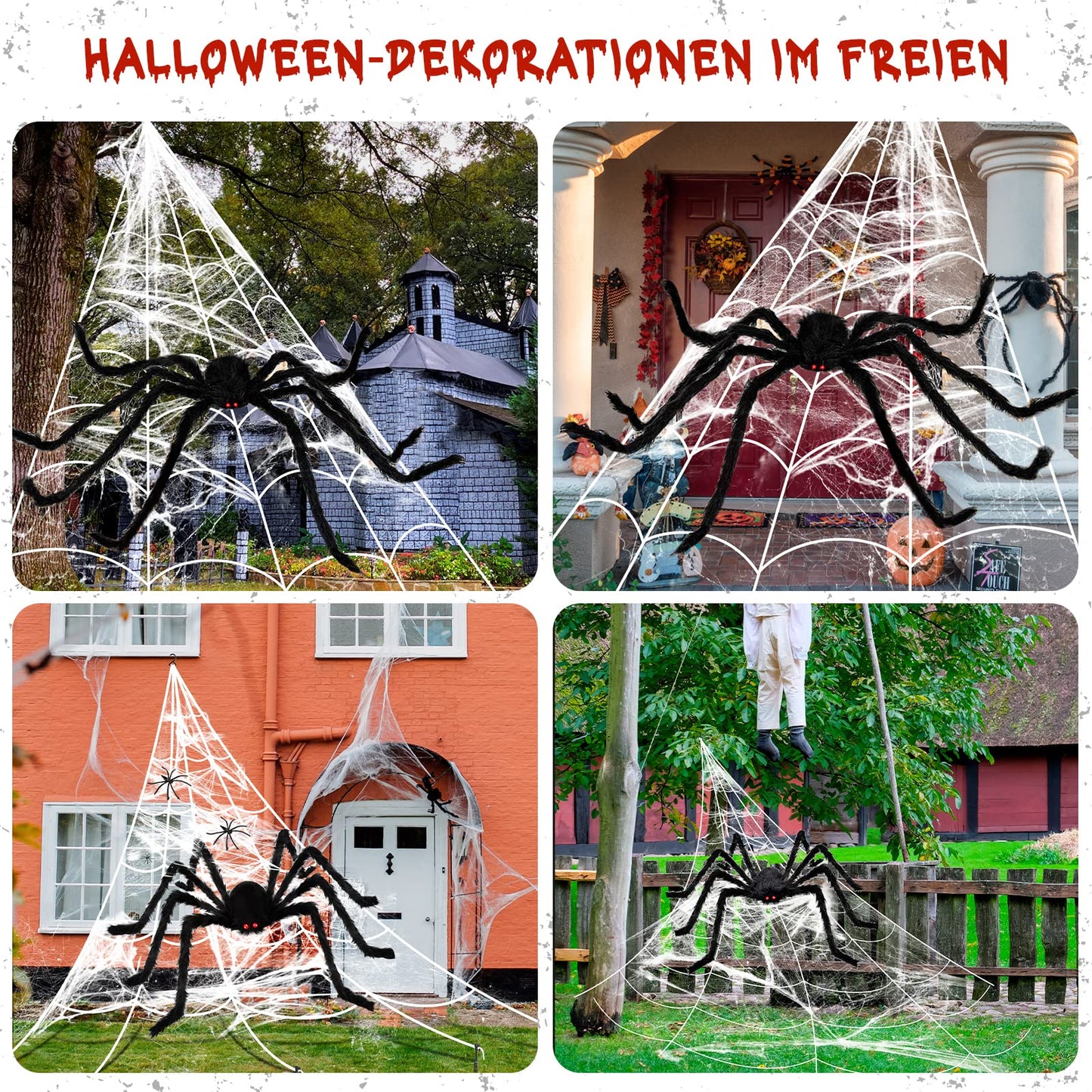 BOSONER Halloween Decorations, 1Pcs 50'' Giant Spider + 200” Triangular Spider Web, with Hook, Stretch Web and Ground Stakes for Indoor Outdoor Halloween Decor Haunted House Props