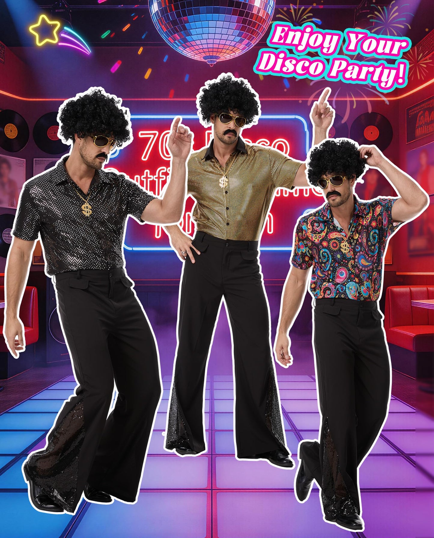 PQCXXA Men's 70s Disco Costume Set - Gold Sequin Shirt & Black Flared Trousers with Dollar Necklace, Sunglasses, Afro Wig & Moustache - Retro 1970s Fancy Dress Outfit for Men (Flower, XL)
