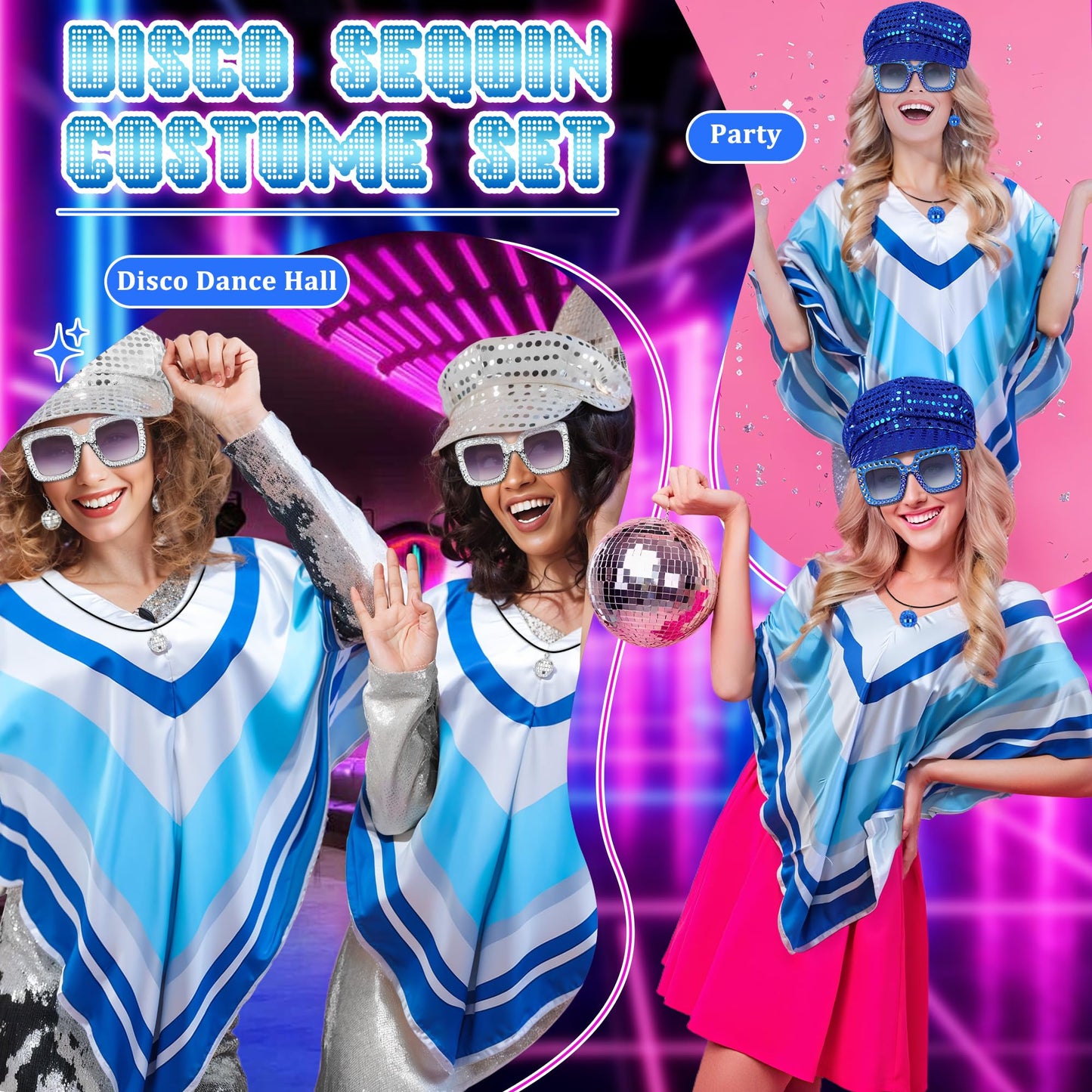 Bryndo 5 Pcs 70s Fancy Dress Set for Women, Disco Costume Accessories with Pop Poncho Sequin Beret Hat Square Bling Sunglasses Earrings Necklace for 70s Theme Party Dress Up (Blue)