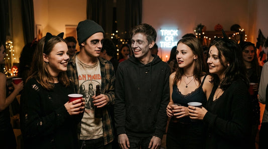 Teenagers in cool low-key Halloween costumes with subtle face makeup at a night party