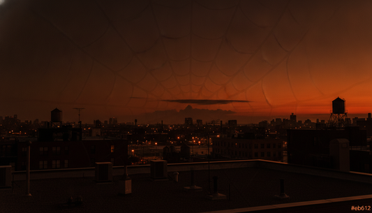 Dark city rooftop scene with web-pattern silhouette for a Spiderman costume guide