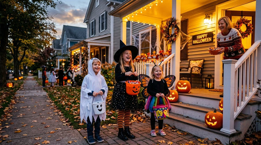 Happy children in Halloween costumes trick or treating at dusk