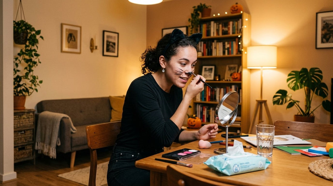 Person at home adding cat ears and face paint to plain black clothes for a quick Halloween costume