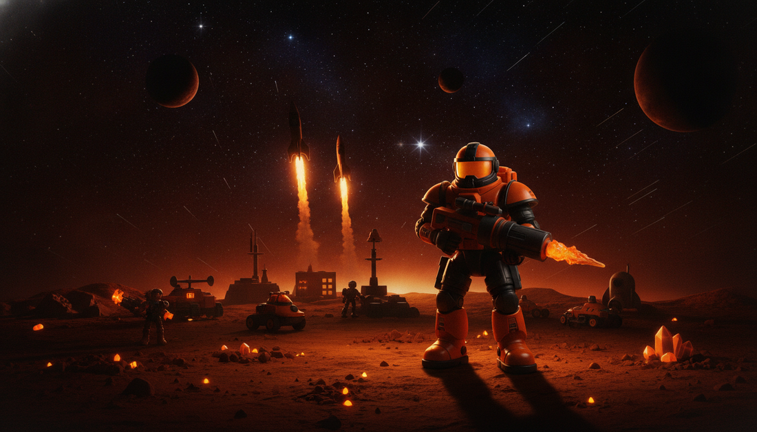 Space ranger toy costume theme in black and orange with stars and rocket silhouettes