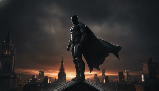 Caped figure in a dark costume on a rooftop at night, styled for a Batman fancy dress guide
