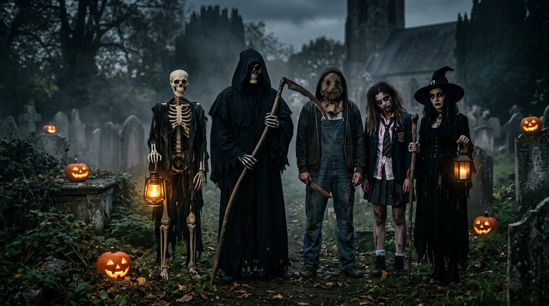 A group in scary Halloween costumes in a misty graveyard