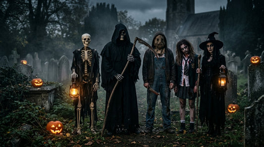 A group in scary Halloween costumes in a misty graveyard