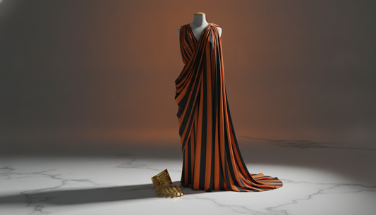 Greek goddess toga costume styling flatlay in black and orange