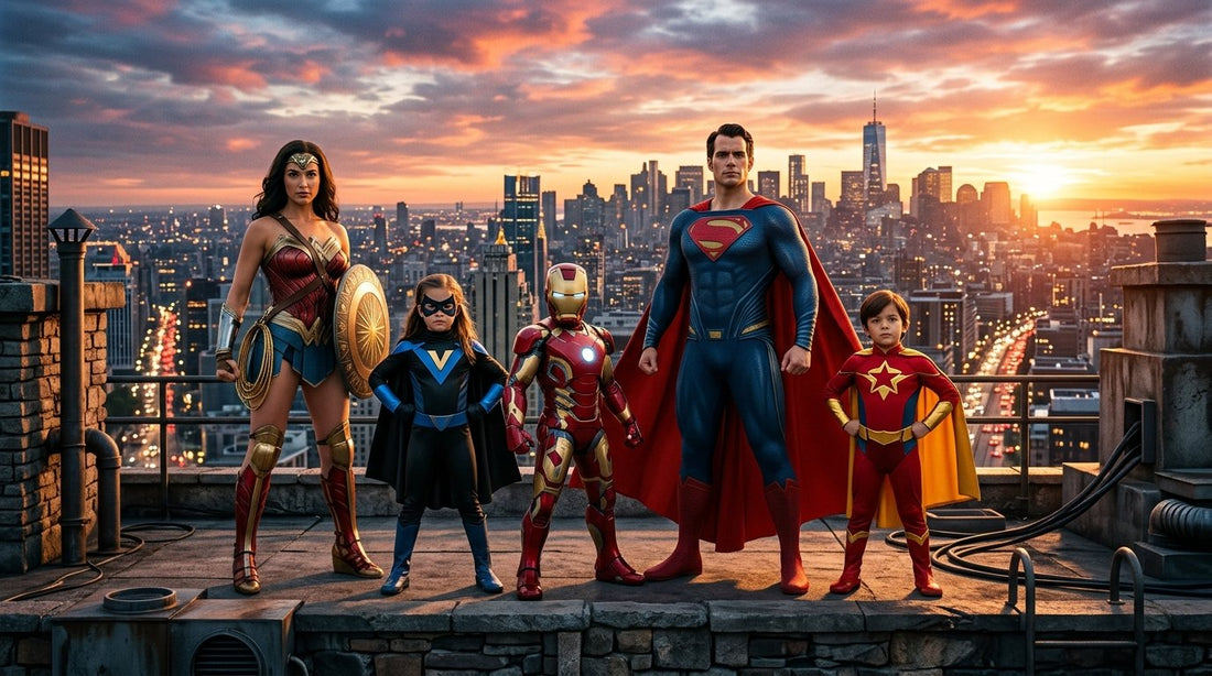 A group of adults and children in superhero costumes on a city rooftop at sunset
