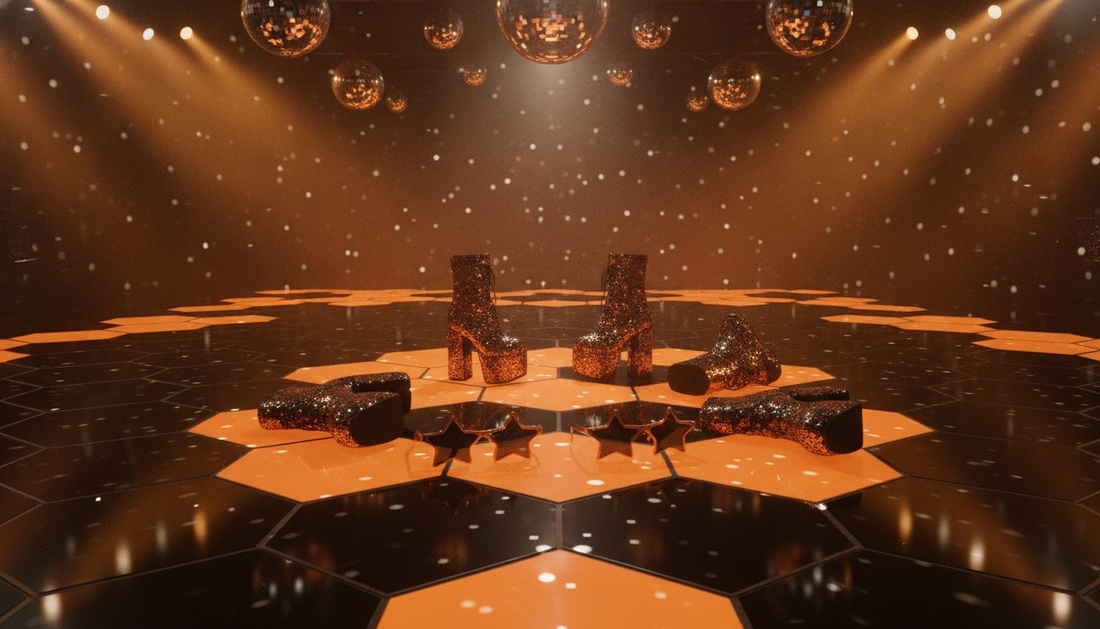 Glittering disco dance floor scene with platform boots and sunglasses, styled for an ABBA-inspired group costume