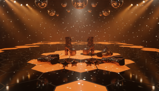 Glittering disco dance floor scene with platform boots and sunglasses, styled for an ABBA-inspired group costume
