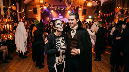 A couple in matching Halloween costumes at a party, one skeleton and one vampire