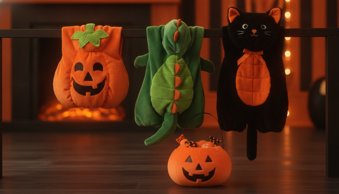 Row of comfy toddler Halloween costumes hanging on a rail