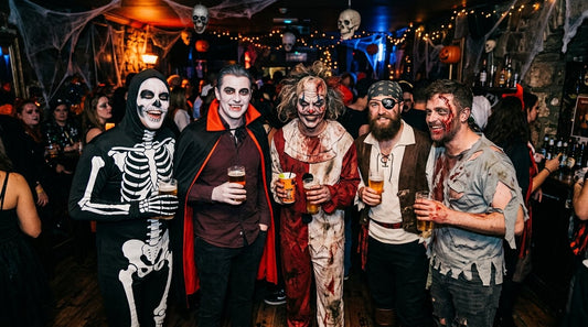 A group of men in varied Halloween costumes including a skeleton, a vampire and a horror clown at a Halloween party