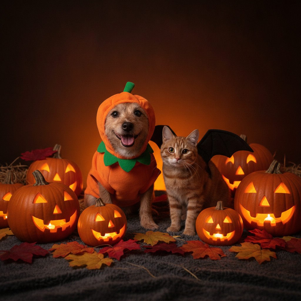 Dog in a pumpkin costume and a cat in bat wings among Halloween pumpkins