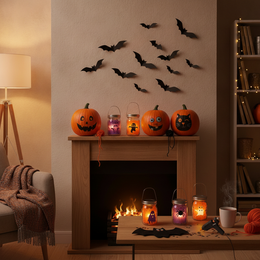 Handmade DIY Halloween decorations with paper bats and jar lanterns
