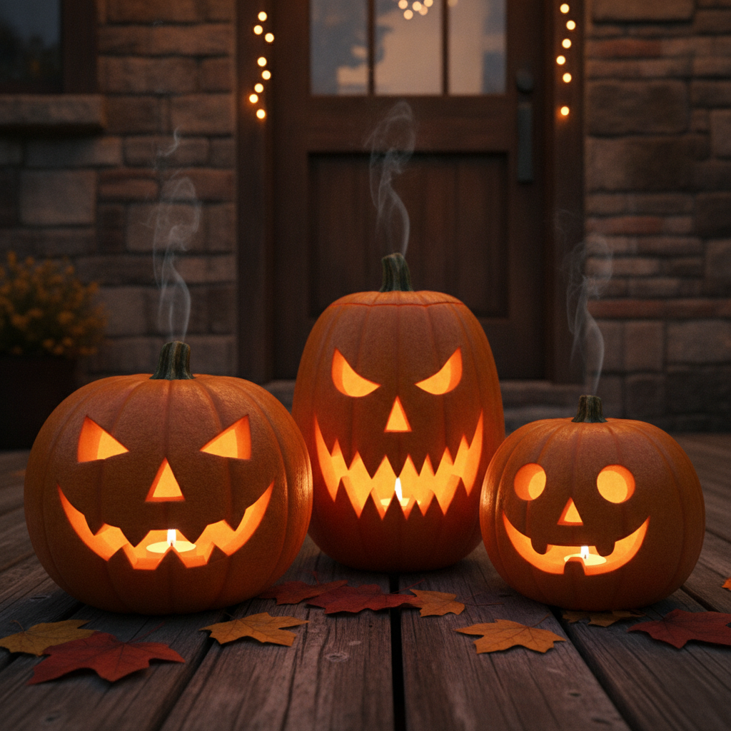 Carved Halloween pumpkins glowing at dusk