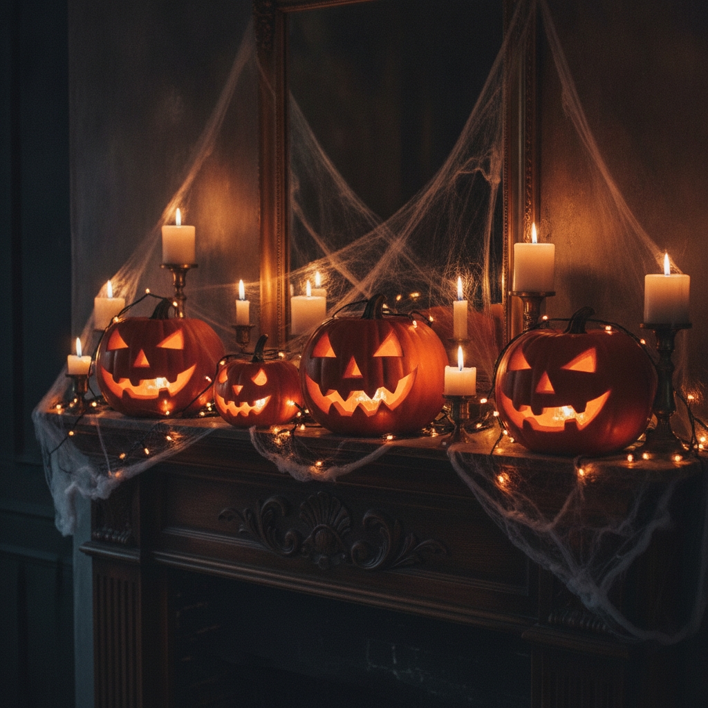 Halloween decorations with pumpkins, candles and lights