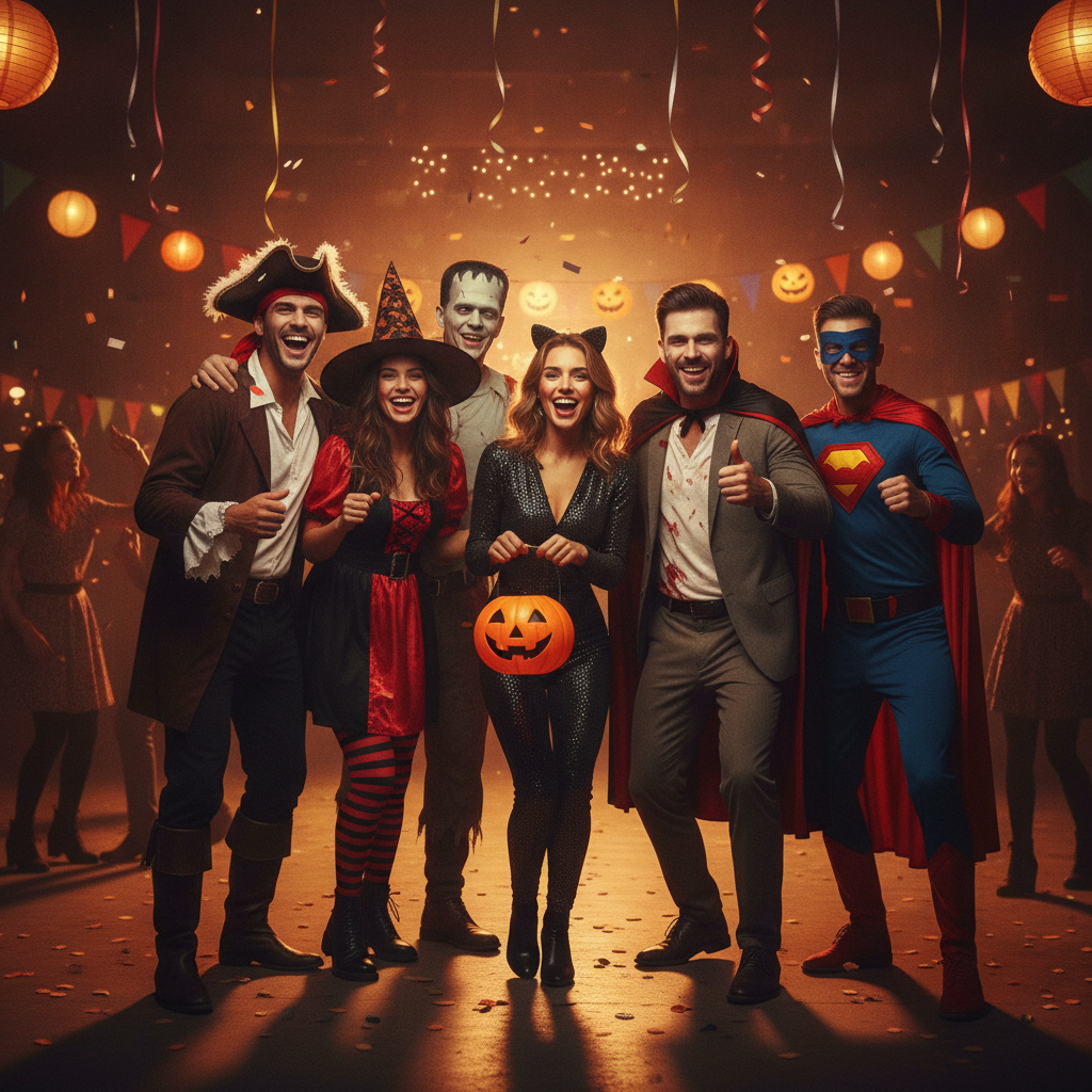 Group of friends in Halloween costumes