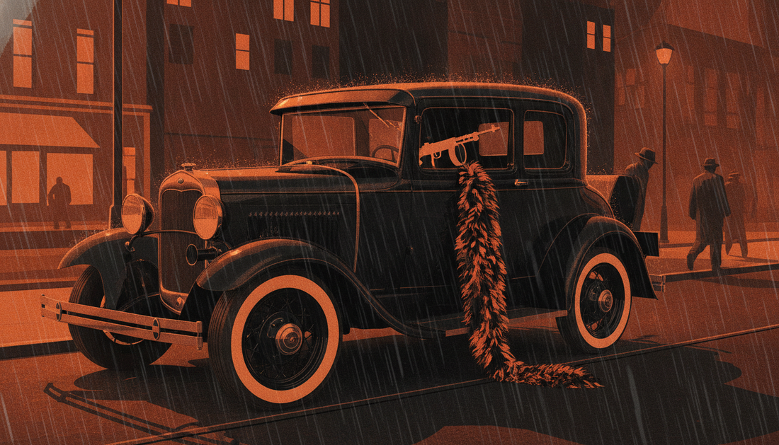 1920s gangster car scene for a Bonnie and Clyde couples costume guide