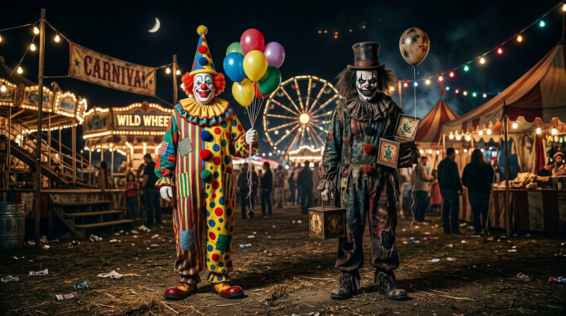 A colourful circus clown and a creepy horror clown at a dark carnival