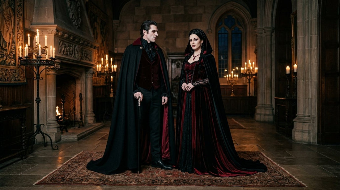 Elegant vampires in a gothic candlelit manor, a caped count and a vampire lady with fangs