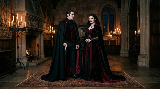 Elegant vampires in a gothic candlelit manor, a caped count and a vampire lady with fangs