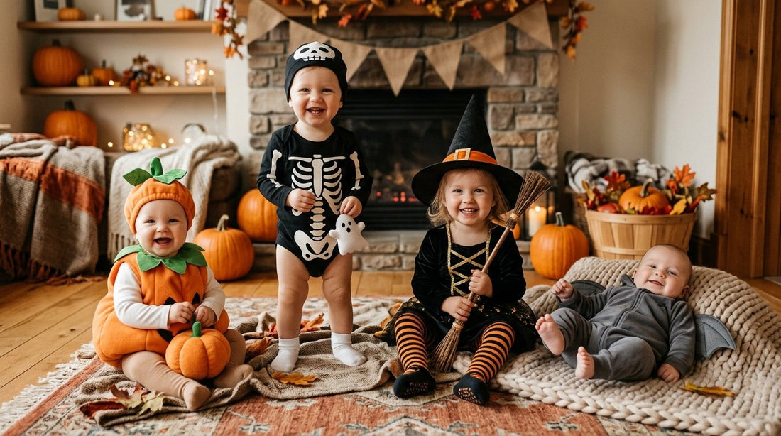 Smiling babies and toddlers in Halloween outfits at home