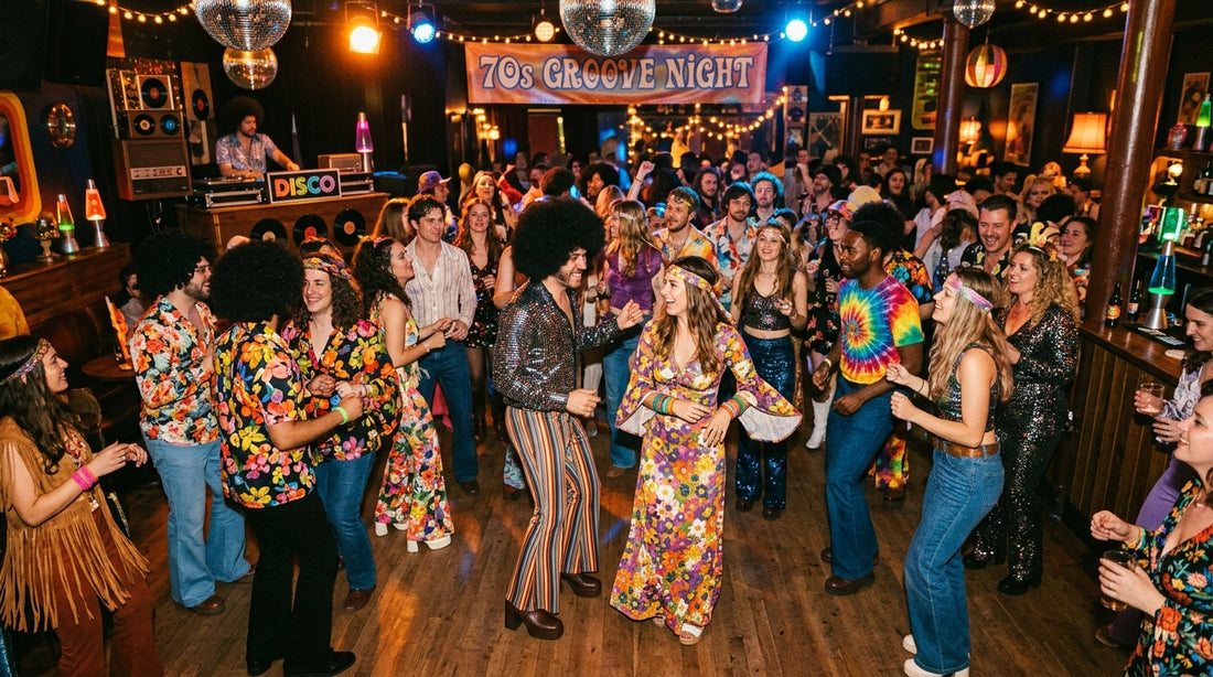 70s disco and hippie fancy dress costumes