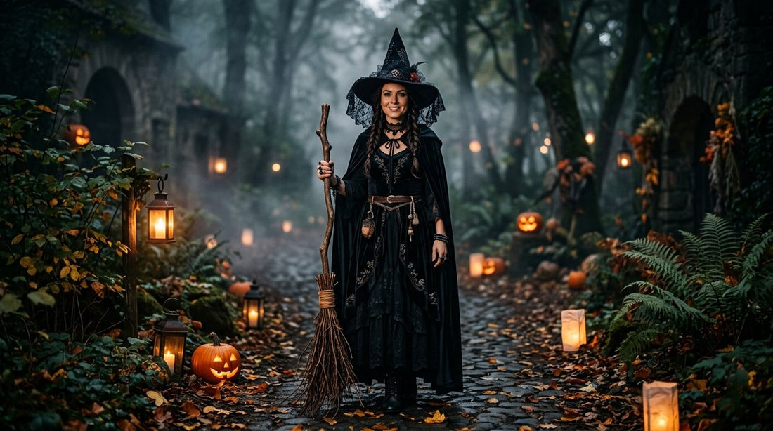 A woman in an elegant black witch costume with a pointed hat holding a broom on a misty Halloween night