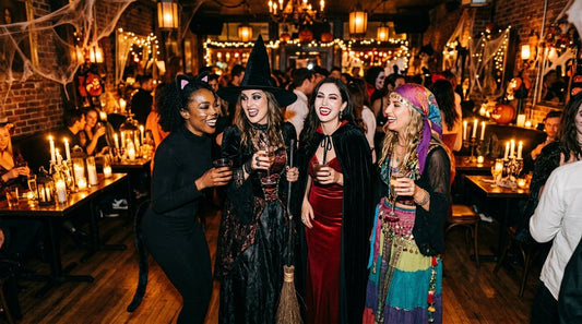 A group of women in Halloween costumes including a witch, a vampire and a black cat at a candlelit party