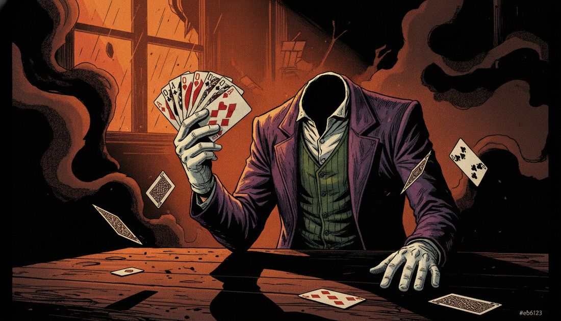 Joker costume flat lay with purple tailcoat, green waistcoat and playing cards on a dark background
