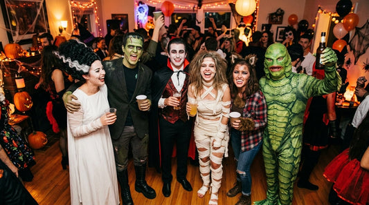 A group of friends in matching themed Halloween costumes at a party