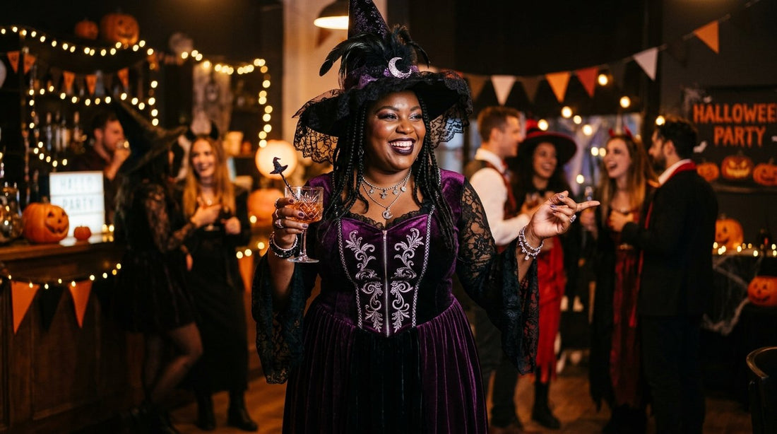 Confident plus-size woman in a witch Halloween costume at a party