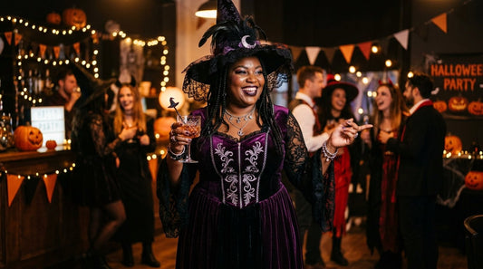 Confident plus-size woman in a witch Halloween costume at a party