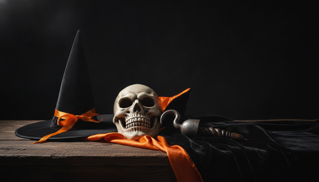 Collage of top Halloween costume accessories for 2026 including a witch hat, skeleton mask and pirate hook