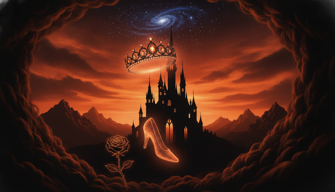 Fairytale castle silhouette with tiara and rose on black and orange background