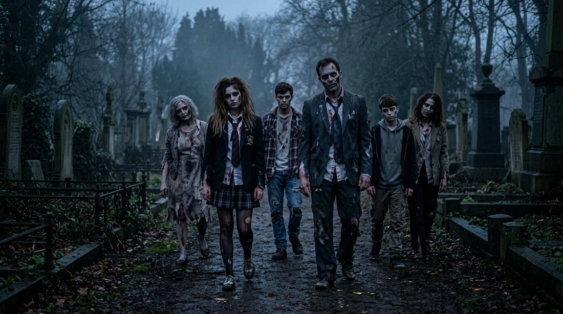 A group of adults and teens dressed as zombies in a foggy graveyard at dusk