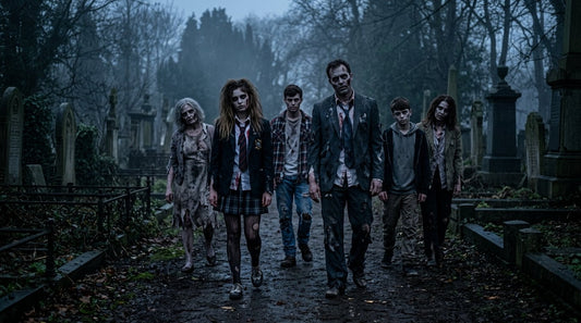 A group of adults and teens dressed as zombies in a foggy graveyard at dusk
