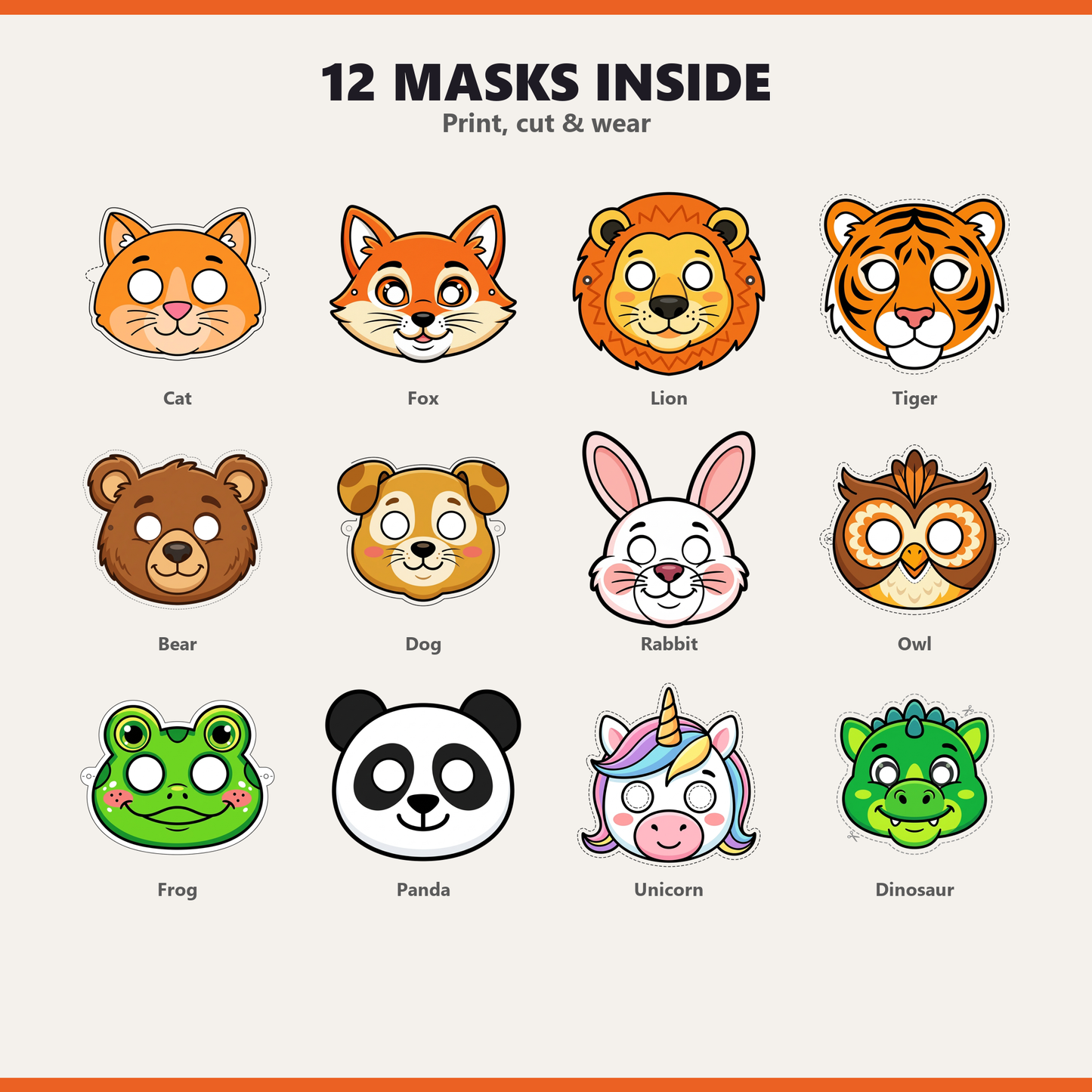 Animal Costume Masks — 12 Printable Print & Wear Masks
