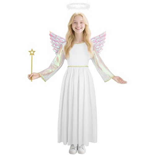 Girls white angel costume with wings, halo headband and star wand, AYBUY